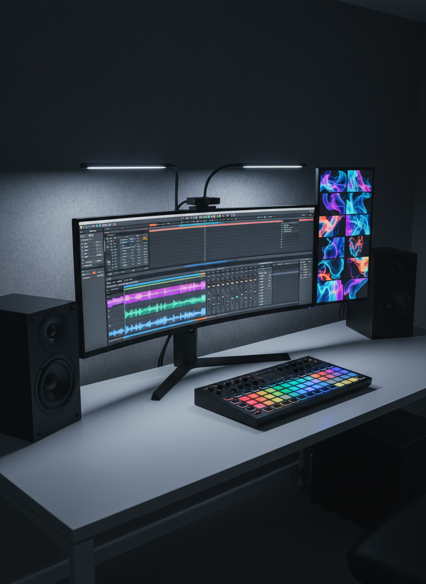A meticulously staged audio and motion graphics corner designed to showcase multimedia versatility. A large curved monitor displays a complex audio editing interface with layered waveforms and spectral views, while a second vertical screen shows vibrant, abstract animation frames aligned in a grid. A pair of matte black studio monitors flank the setup, and a backlit MIDI controller rests below, its colorful pads glowing. The desk surface is matte white, contrasting with a dark, minimalist wall. Soft, directional studio lighting from above and behind the monitors creates a subtle halo effect and gentle reflections. Photographic realism, shot from a slightly elevated angle using the rule of thirds, exuding a bold, futuristic, and meticulously organized creative atmosphere.