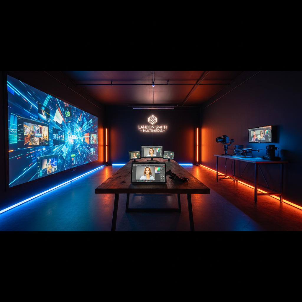 A cinematic, wide photographic shot of a dimly lit studio with multiple distinct multimedia zones, each representing a different category of portfolio work. On the left, a projection wall shows a looping, vibrant motion reel; in the center, a table with a tablet and stylus displays still image retouching; on the right, a compact rig with a camera, gimbal, and drone sits ready for field production. Colored light bars wash the space in deep blues and saturated oranges, creating dramatic contrast. The camera is positioned slightly low and wide, emphasizing depth and leading lines across the room. The mood is bold, ambitious, and high-tech, highlighting the breadth of Landon Smith’s multimedia capabilities without any human presence.