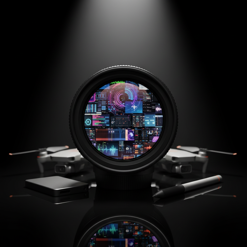 A highly detailed macro-style photographic image of a professional camera lens facing a reflective black surface, surrounded by subtle multimedia elements. In the lens reflection, instead of a face, there is a composite of tiny screens showing snippets of video timelines, motion graphics, and audio waveforms, all abstract and text-free. Around the lens lie a compact SSD, a folded drone, and a slim stylus pen, carefully arranged. A single, focused spotlight from above creates a sharp circle of illumination and deep falloff into darkness, resulting in bold contrast and crisp reflections. Shot from a very close, slightly angled perspective, the composition feels intense and iconic, symbolizing a unified multimedia vision.