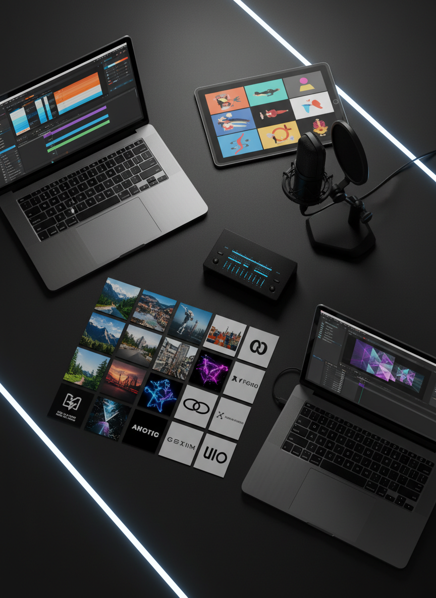 A dramatic overhead view of an organized multimedia project layout on a deep charcoal tabletop. Open laptops show bold video editing interfaces, tablets display colorful storyboard frames, and a slim audio interface glows with tiny LED indicators beside a studio microphone on a shock mount. An arrangement of printed, text-free thumbnails represents different portfolio projects: landscapes, urban footage, abstract motion graphics, and minimalist logos. A strip of cool LED light runs diagonally across the frame, creating sharp highlights and a high-contrast, cinematic atmosphere. The camera looks straight down, capturing clean geometric shapes and precise alignment, photographic realism, projecting a bold, strategic, and highly professional creative process.