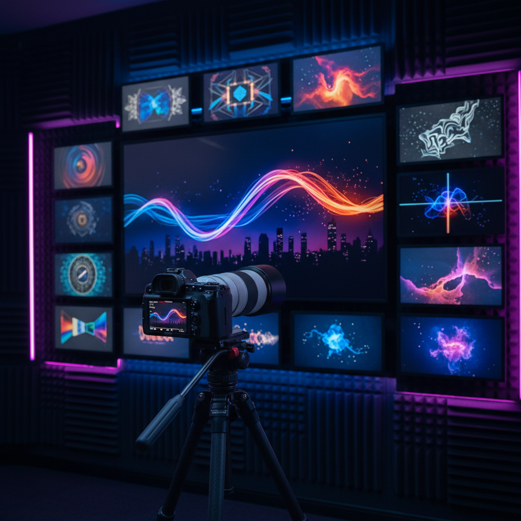A close-up, photographic image of a high-resolution camera on a sturdy tripod facing a large wall-mounted screen filled with a paused video frame: a dynamic abstract light trail over a dark cityscape. Around the screen, smaller, frameless digital displays showcase still images, motion graphics, and stylized animations, all without text. The studio environment features dark acoustic panels and subtle RGB accent lighting that shifts from deep blue to electric magenta, creating an edgy, bold mood. Shot from a low, three-quarter angle, the camera and screen dominate the foreground with a shallow depth of field, conveying intensity, focus, and premium multimedia production.